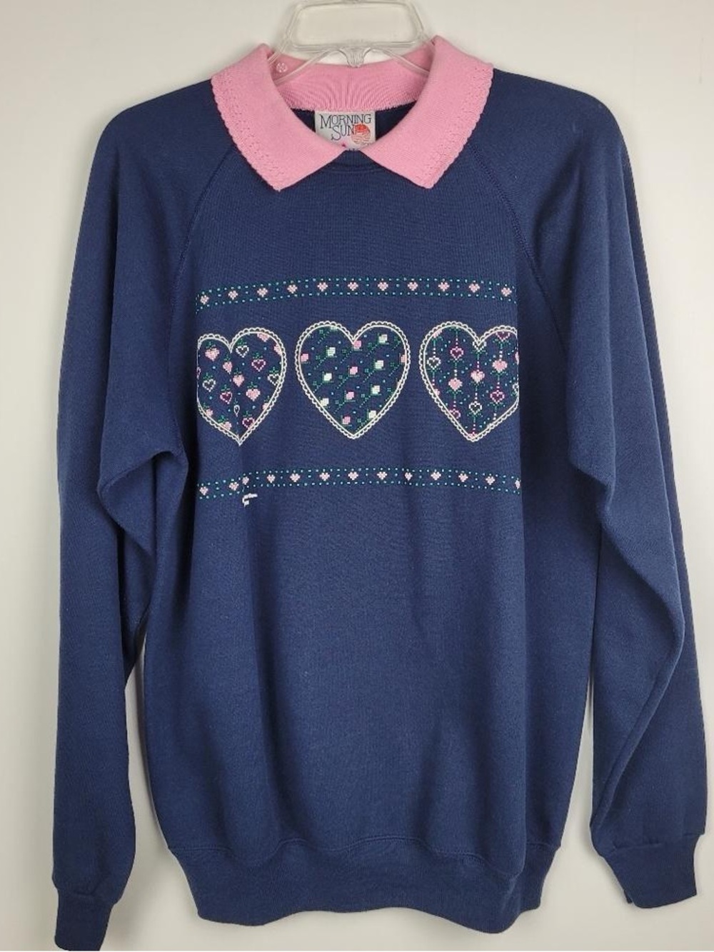 Navy Sweater with Pink Collar and Heart Motif